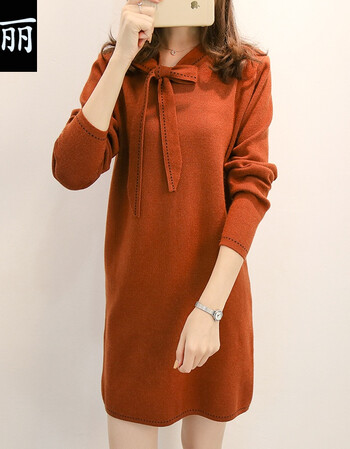 纨丽2017秋冬中长款过膝新款套头毛衣女韩版宽松系带针织衫连衣裙女潮