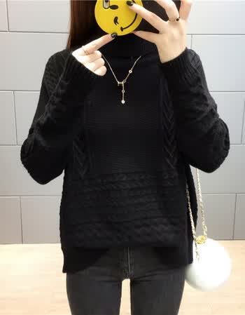 韩版新款纯色麻花加厚高领毛衣女中学生宽松套头打底针织衫潮 黑色 s