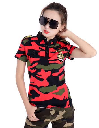 洋立子2018新款水兵舞服装女演出服翻领长袖t恤红色迷彩广场舞上衣