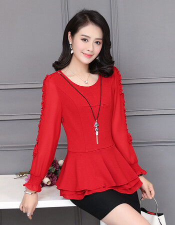 2018春装新款女装韩版修身显瘦雪纺衫女短款上衣小衫春季打底衫 红色