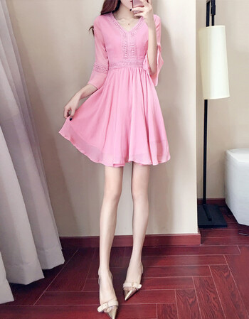 2017夏装新款女装仙女裙短裙名媛粉色裙子韩版显瘦雪纺连衣裙女秋