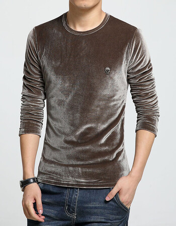 冬季保暖男士高领打底衫体恤韩版修身金丝绒加绒加厚长袖t恤男装 卡其