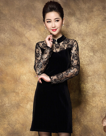 情玛妮 妈妈装金丝绒蕾丝连衣裙中长款旗袍裙6130 黑色 l