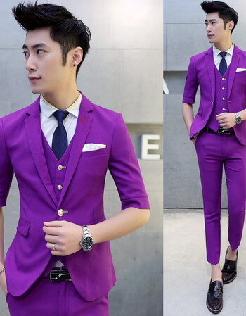 花花公子贵宾韩版中袖西服套装 西装三件套 十色 黑色 紫色 48(m)