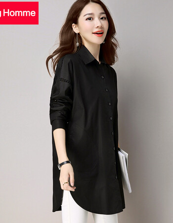 女大码春秋新款韩简约中长款宽松显瘦蕾丝镂空性感长袖棉衬衣 黑色 m