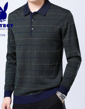 2018春季新品男装中年男士商务休闲翻领条纹羊毛衫60绿色 60绿色 185