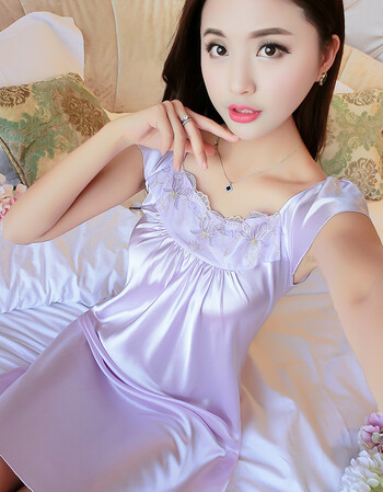 女夏季短袖真丝睡裙 蕾丝吊带睡裙丝绸大码睡衣雪纺镂空家居服 lj103