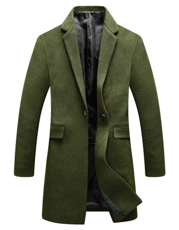 新品男士商务修身毛呢大衣男式中长款羊毛呢子西装领风衣男 军绿色 l