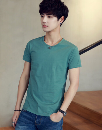 短袖t恤男圆领打底衫青少年修身潮流体恤半袖白上衣男衣服 952青色