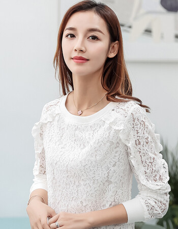 白色蕾丝衫女长袖2018春款新款韩版百搭上衣圆领宽松荷叶边打底衫