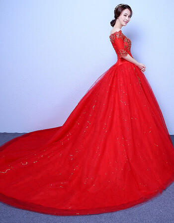 礼服新娘婚长拖尾纱2017新款一字肩婚纱修身显瘦蕾丝宫廷 027红色拖尾