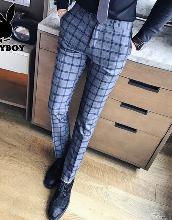 花花公子 2017秋冬新款英伦绅士休闲男士格子西裤长裤 蓝格 34