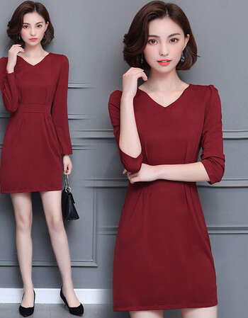 中长款潮流休闲长袖v领清纯甜美修身收腰高腰连衣裙2018年春季 酒红色