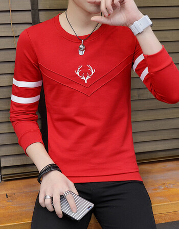 男士t恤长袖韩版修身青年红色本命年圆领体恤衫2018春装新款衣服 609