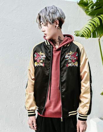 欧美街头嘻哈风火焰牛魔王涂鸦长袖外套男潮牌帅气休闲百搭夹克衫 黑