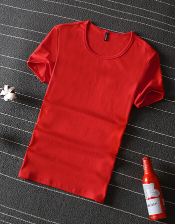 普戈斯多款色纯色体恤短袖男士韩版短袖青年修身潮夏季t恤 中国红 2xl