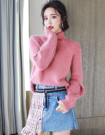 热嘉半高领毛衣女套头春秋装新款2018韩版粉色兔毛打底衫针织衫 粉色