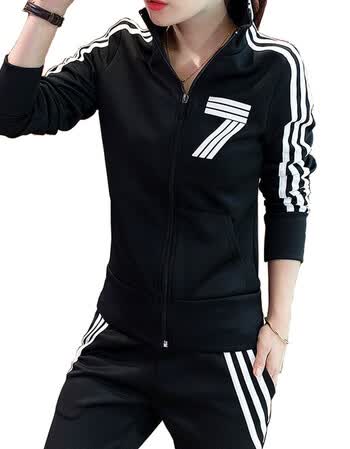 休闲套装女春秋2018新款修身显瘦拉链卫衣韩版运动服两件套 黑色 l