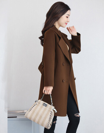 冬天呢子毛呢大衣女中长款韩版秋冬款宽松加厚毛呢外套女学生潮 咖啡