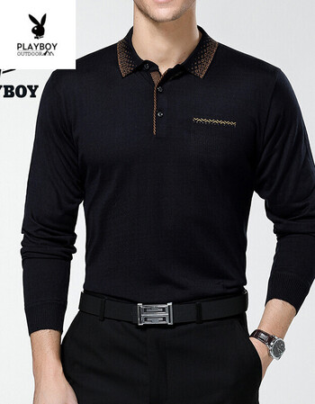 花花公子 春秋男装桑蚕丝男士长袖t恤中年男士翻领大码纯色体恤男款