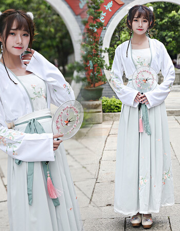 欧莎倩改良汉服女装长袖褙子 吊带背心 一片式襦裙三件套表演服 三