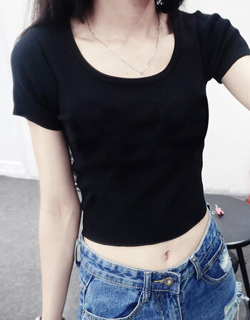 梵藜韩国高腰露脐上衣短款t恤女 紧身漏肚脐性感百搭白色打底衫夏