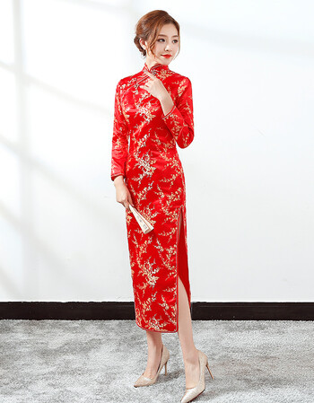迎宾礼服剪彩年会主持旗袍短袖长袖长款锦缎修身显新娘敬酒 长袖梅花