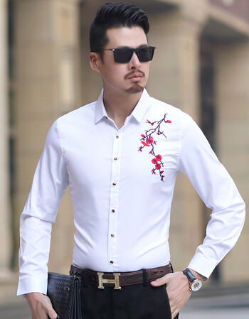 春夏长袖加大码男式绣花衬衫 白色 l
