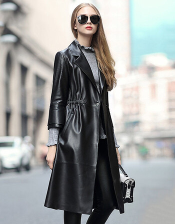 2017简约皮衣女士中长款2017新款欧美时尚绵羊皮风衣外套 黑色 xxl