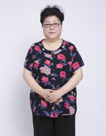 中老年女装夏装肥胖妇女老阿姨圆领布衫衩开衫加肥加大妈妈装 藏青花