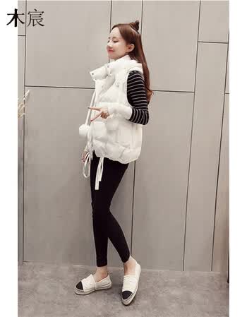 冬季宽松毛球连帽棉马甲外套保暖加厚背心马夹羽绒棉服棉袄女 白色 s