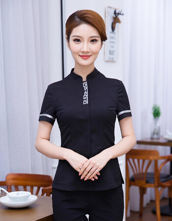 酒店服务员工作服短袖女夏季薄款餐饮服装中式餐厅工装服务生制服