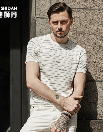 宾迪狮丹夏装新款简约男士条纹圆领针织t恤圆领 百搭商务休闲男装35c