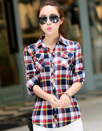 2018女士格子长袖薄款衬衫衣女土韩版百搭夏天忖寸衫衬衣褂杉 兰红816