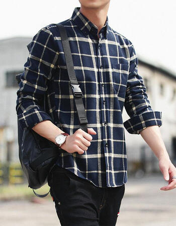 2018春秋季新款商务休闲天丝棉格子衬衣 青年男士修身长袖衬衫男 藏青