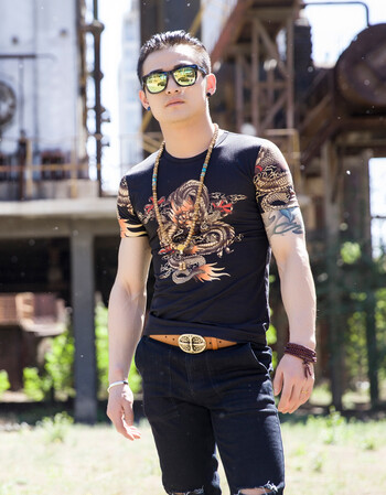 大码短袖黑社会男装霸气个性龙图案社会人修身半袖t恤精神小伙夏 黑色