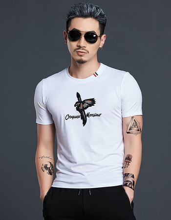 夏季短袖t恤男圆领纯棉青年修身韩版休闲刺绣半袖男士体恤打底衫 白色