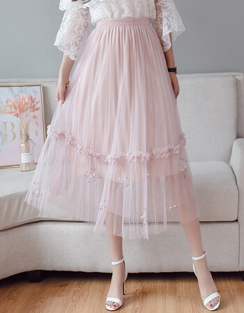 纤非凡夏季纱裙女网纱半身裙2018夏新款韩版中长款a字裙子雪纺百褶裙