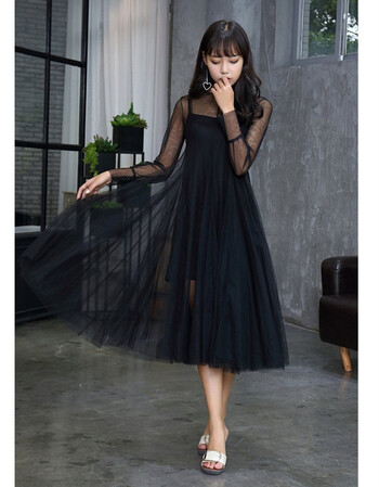 夏尔维纳春秋新款网纱连衣裙长袖超仙气大摆中长款纱裙仙女气质长裙