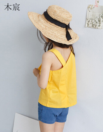 木宸女童吊带上衣夏2017新款中大童韩版侧漏肩花边背心儿童斜肩t恤衫