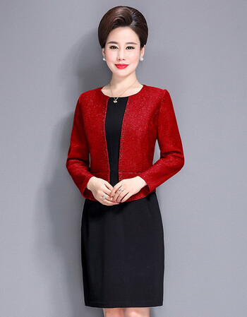 春装婚礼妈妈装喜婆婆婚宴服礼服中年女装假两件连衣裙春秋款 红色 l