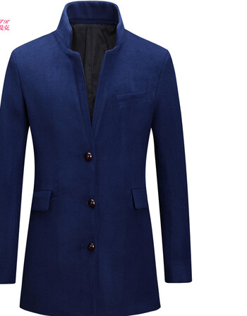 弗伦提克 秋冬男士羊毛呢大衣男立领 蓝色 l