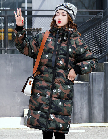 新款冬季女装迷彩服长款过膝棉袄女 韩版羊羔绒连帽棉衣外套 咖啡 l