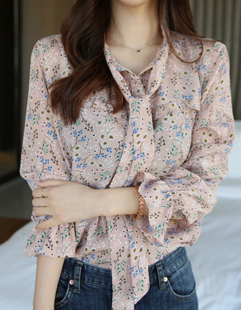 夏尔维纳衬衫女2018新款雪纺衫女士春装长袖碎花雪纺上衣时尚花衫超仙