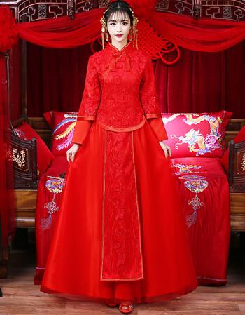 渡秀禾服新娘结婚敬酒服2018新款旗袍长款时尚中式嫁衣婚纱礼服红色