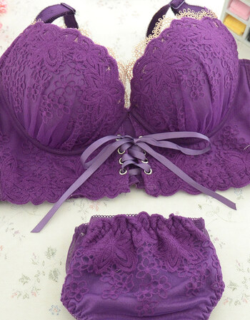 店女式少女刺绣内衣套装文胸内衣花纹图案拉b调整型前置绑带聚拢 紫色