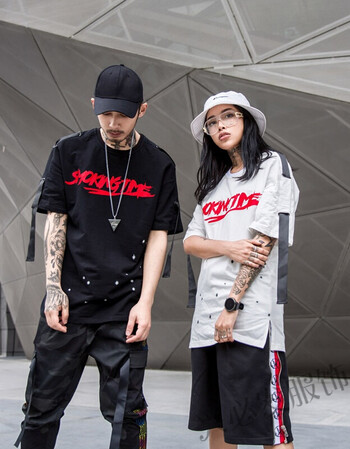 夏季 飘带嘻哈街舞衣服男短袖t恤潮宽松半袖t恤女上衣情侣 黑色 收藏