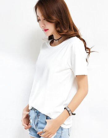 夏新款白色圆领短袖t恤女宽松韩版纯色纯棉上衣显瘦学生简约女装 米白