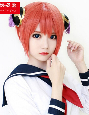 银魂 神乐cos假发 双包子头饰 原胚橘色cosplay假发 假发长刘海(送发