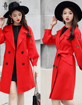 喜浅浅春秋新款大红色毛呢外套女中长款韩版孕妇新娘结婚回门衣服敬酒
